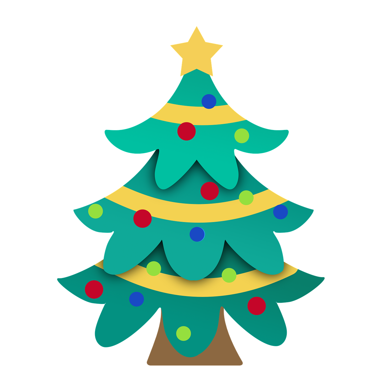 a christmas tree with a star on top, inspired by Ernest William Christmas, pixabay, folk art, paper cutouts of plain colors, 3/4 front view, animation, black fir