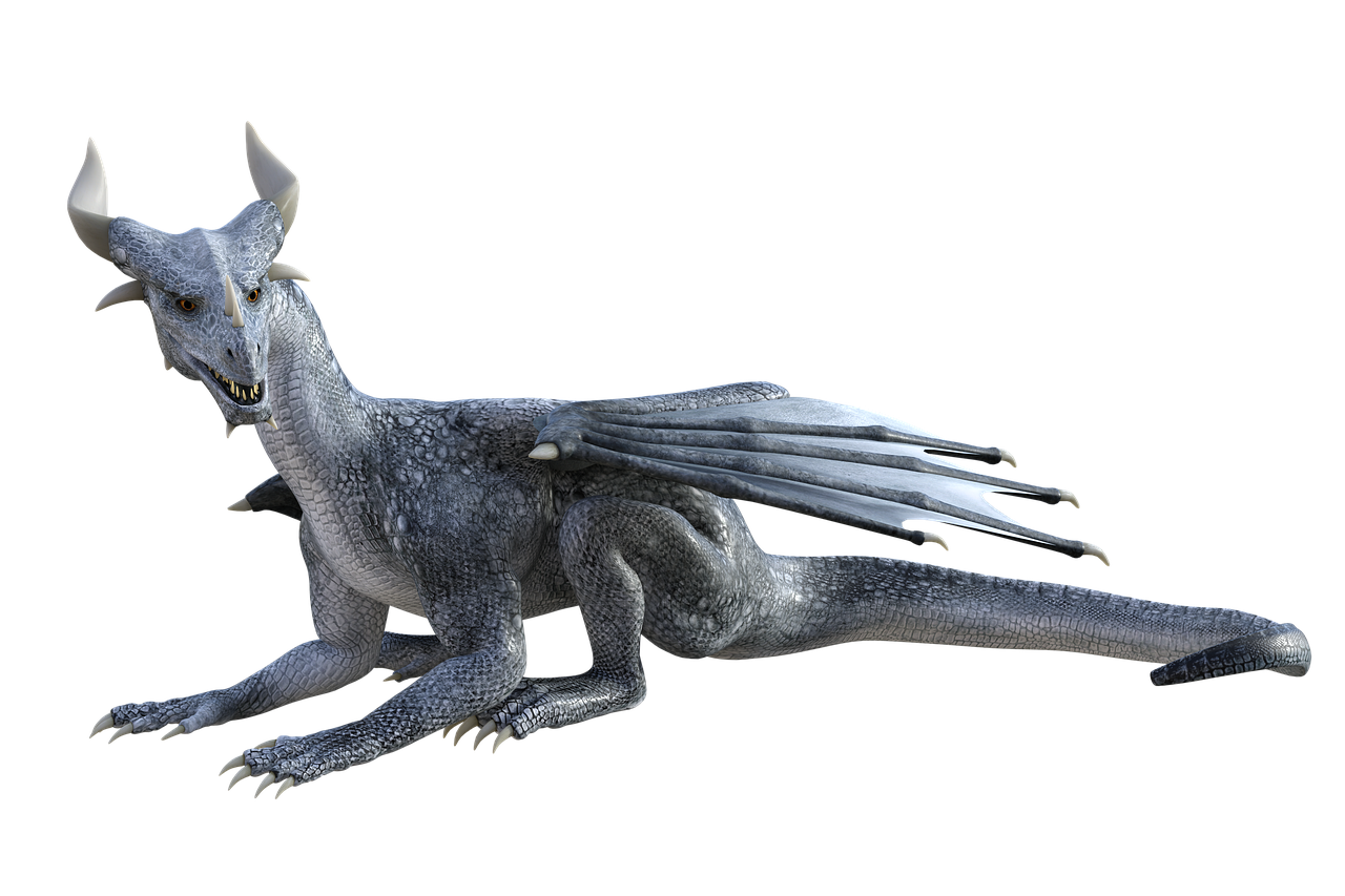 a close up of a toy dragon on a black background, an ambient occlusion render, trending on polycount, digital art, gray mottled skin, silver, blue dragon, dragon flying