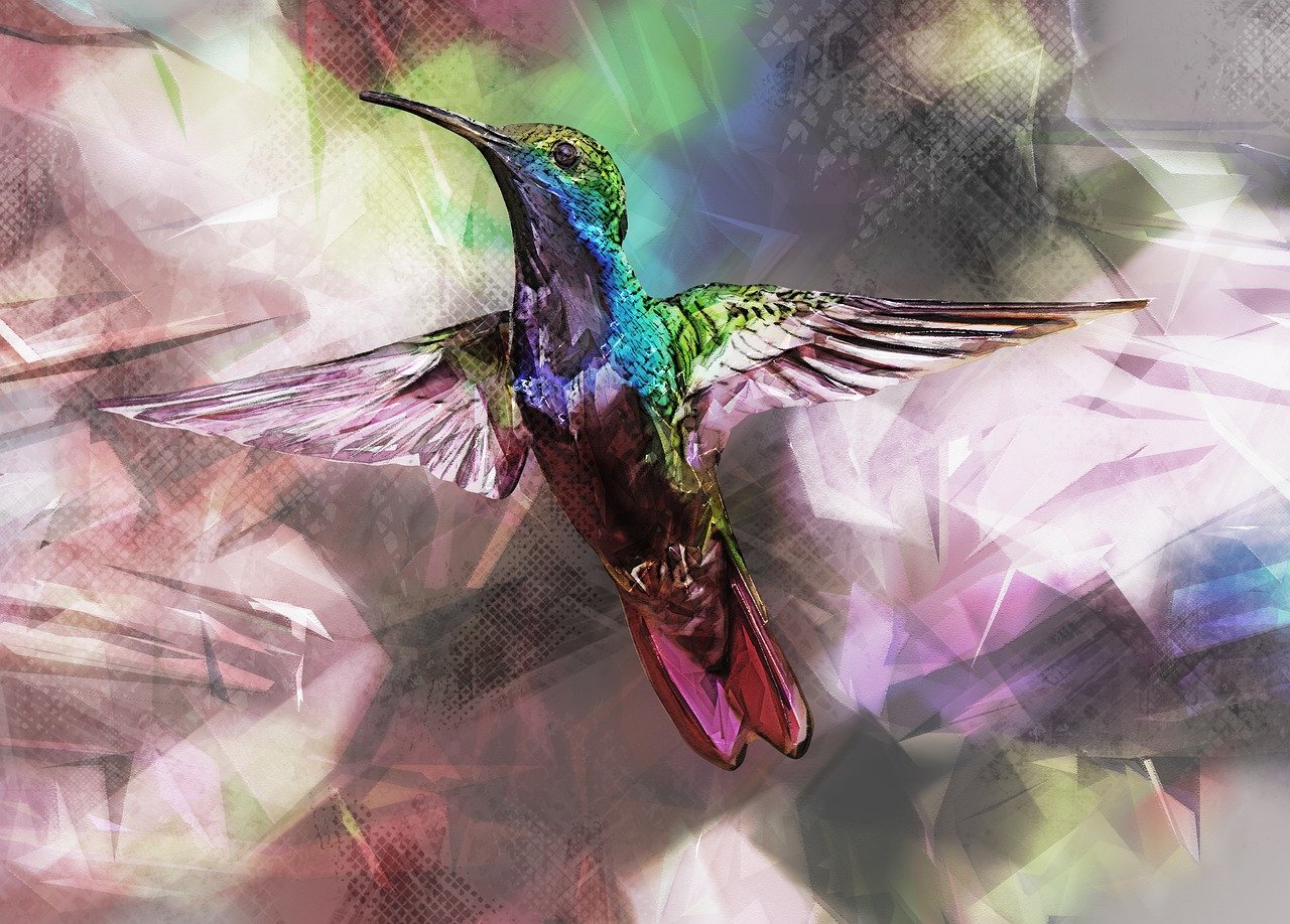 a painting of a hummingbird flying through the air, a digital painting, inspired by Fernand Verhaegen, digital art, made of holographic texture, colored screentone, graceful gaze, velvet art