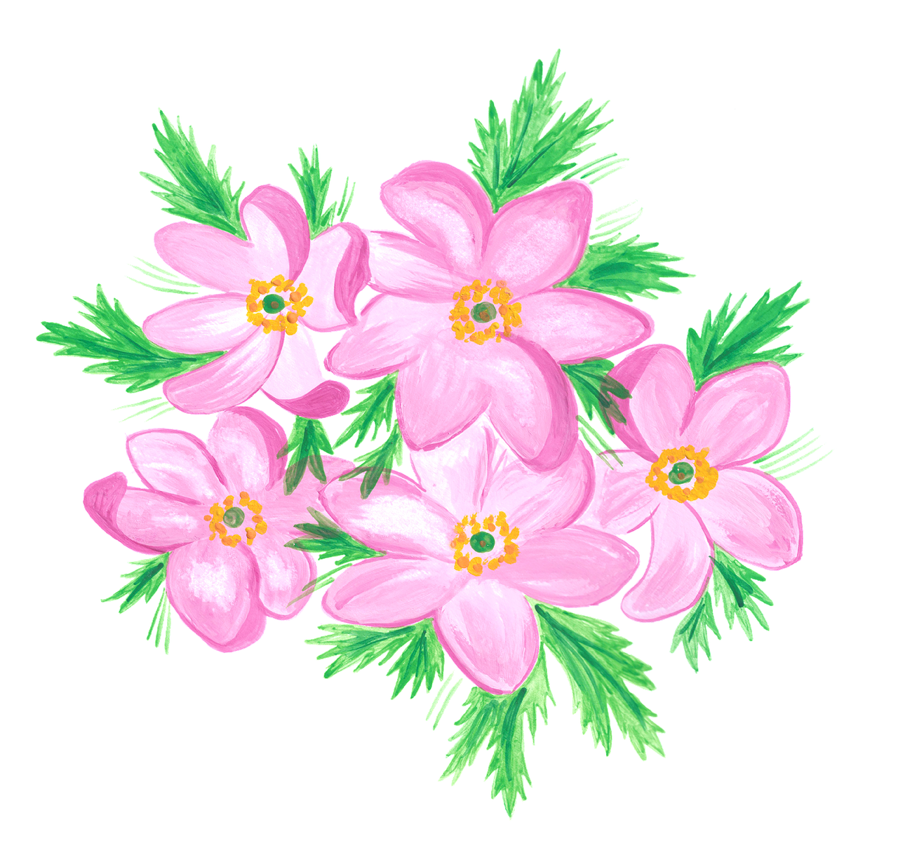 a bunch of pink flowers with green leaves, inspired by Katsushika Ōi, flickr, naive art, anemones, bright on black, harry volk clip art style, accurate detail