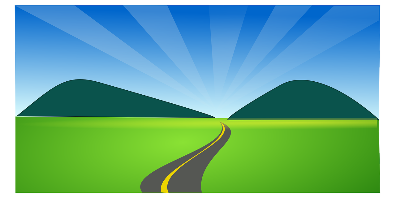 a road going through a green field with mountains in the background, by Quinton Hoover, pixabay, naive art, rays of sunshine, !!! very coherent!!! vector art, bended forward, vehicle