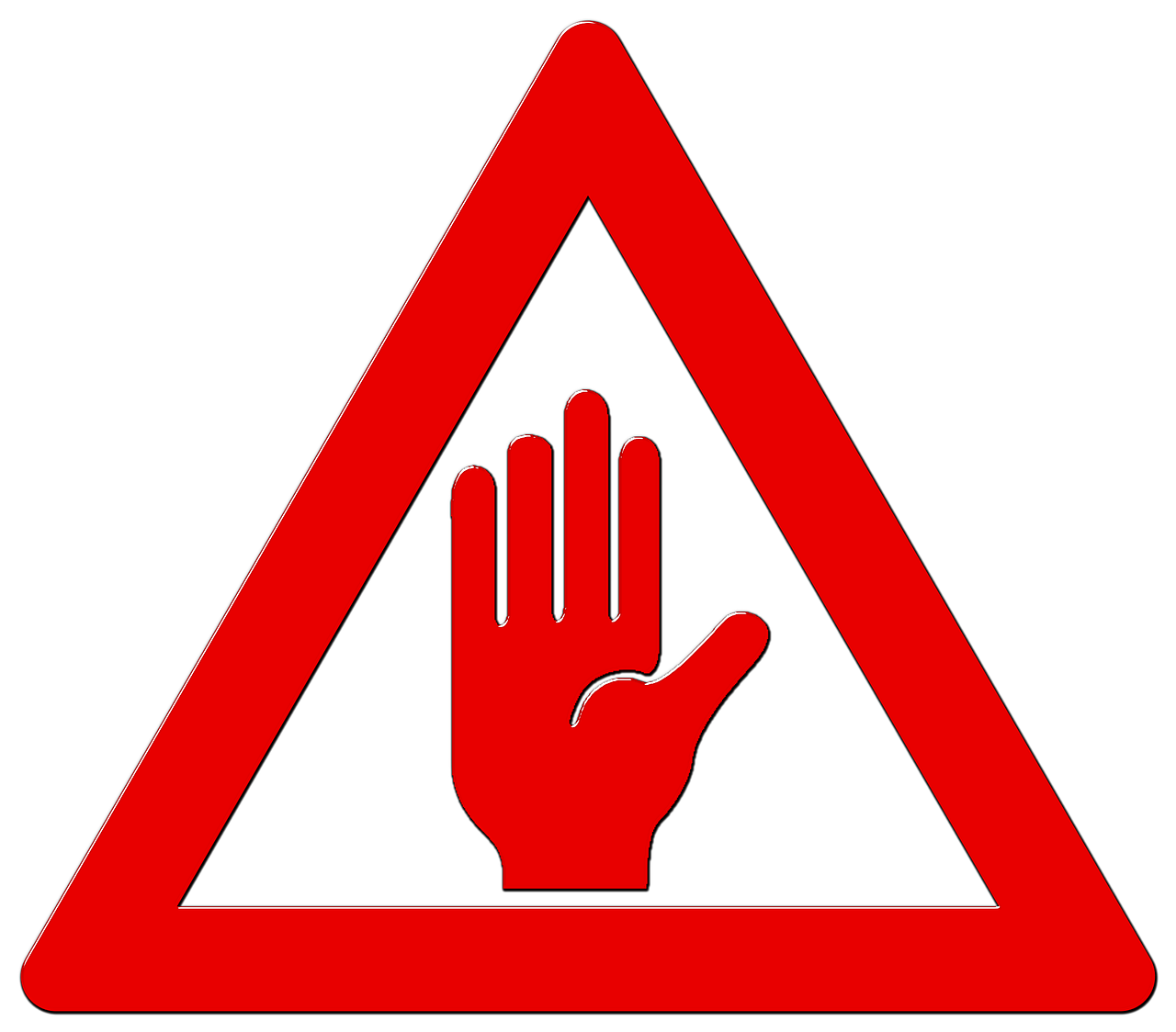 a red triangular sign with a hand on it, by Andrei Kolkoutine, pixabay, hindu, accident, against dark background, no rider