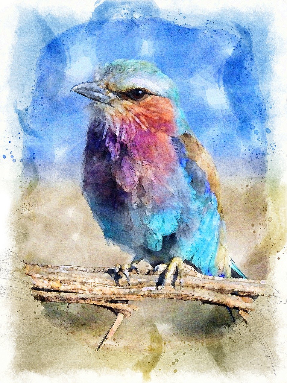 a watercolor painting of a colorful bird sitting on a branch, a watercolor painting, fine art, digital painting style, the desert is in watercolor, photo portrait, chalk digital art