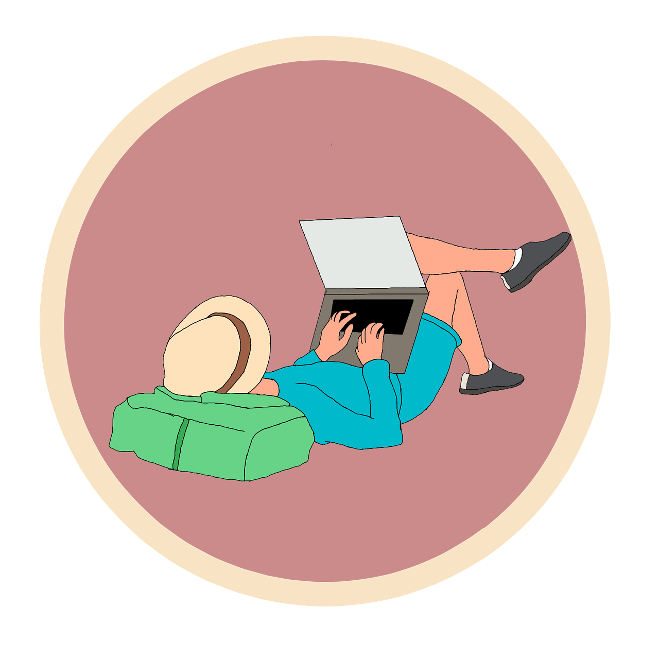 a person laying on the ground with a laptop, an illustration of, traveler, sticker illustration, woman with hat, everything enclosed in a circle