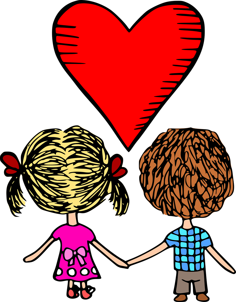 a couple of kids holding hands in front of a heart, a child's drawing, by Maria Helena Vieira da Silva, hair, on a flat color black background, cartoon image, two girls