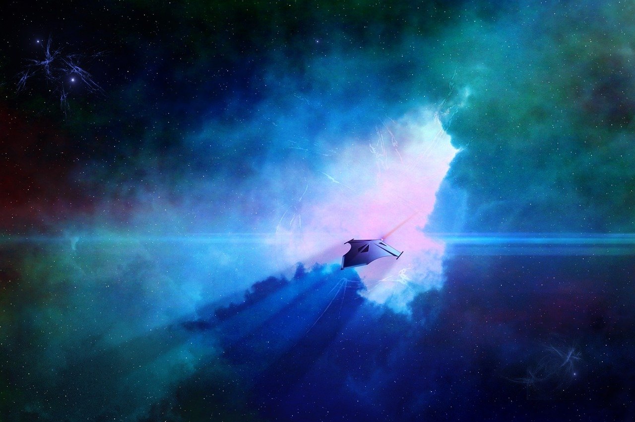 a space shuttle flying through a galaxy filled with stars, concept art, inspired by John Harris, space art, 4k vertical wallpaper, blue - turquoise fog in the void, st : tng, spaceship from the movie dune
