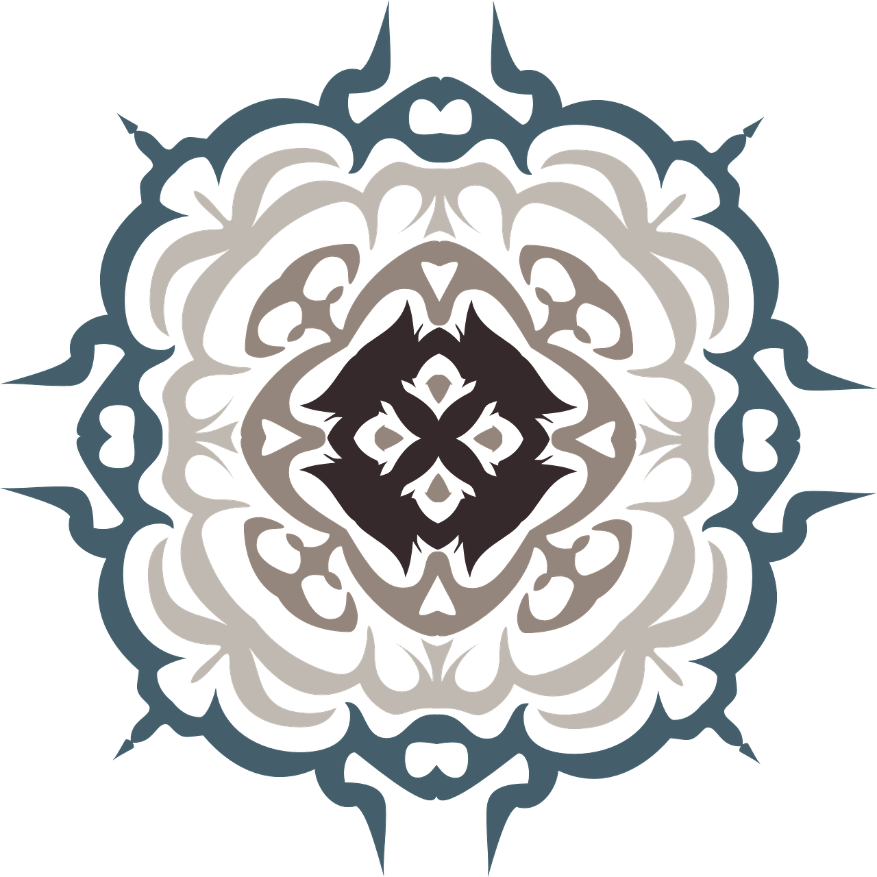a close up of a circular design on a black background, concept art, inspired by Luigi Kasimir, reddit, baroque, flat color, blueish, black and brown colors, heavy jpeg artifact