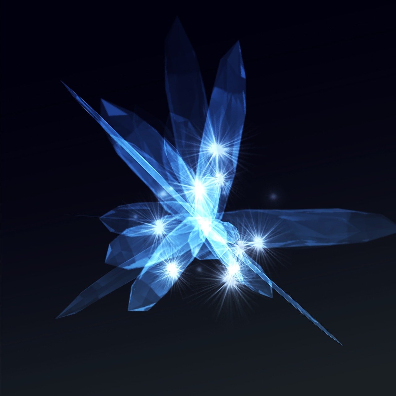 a close up of a blue flower on a black background, digital art, crystal cubism, star shining in space, quartz crystal, transparent wings, glowing - thin - wires