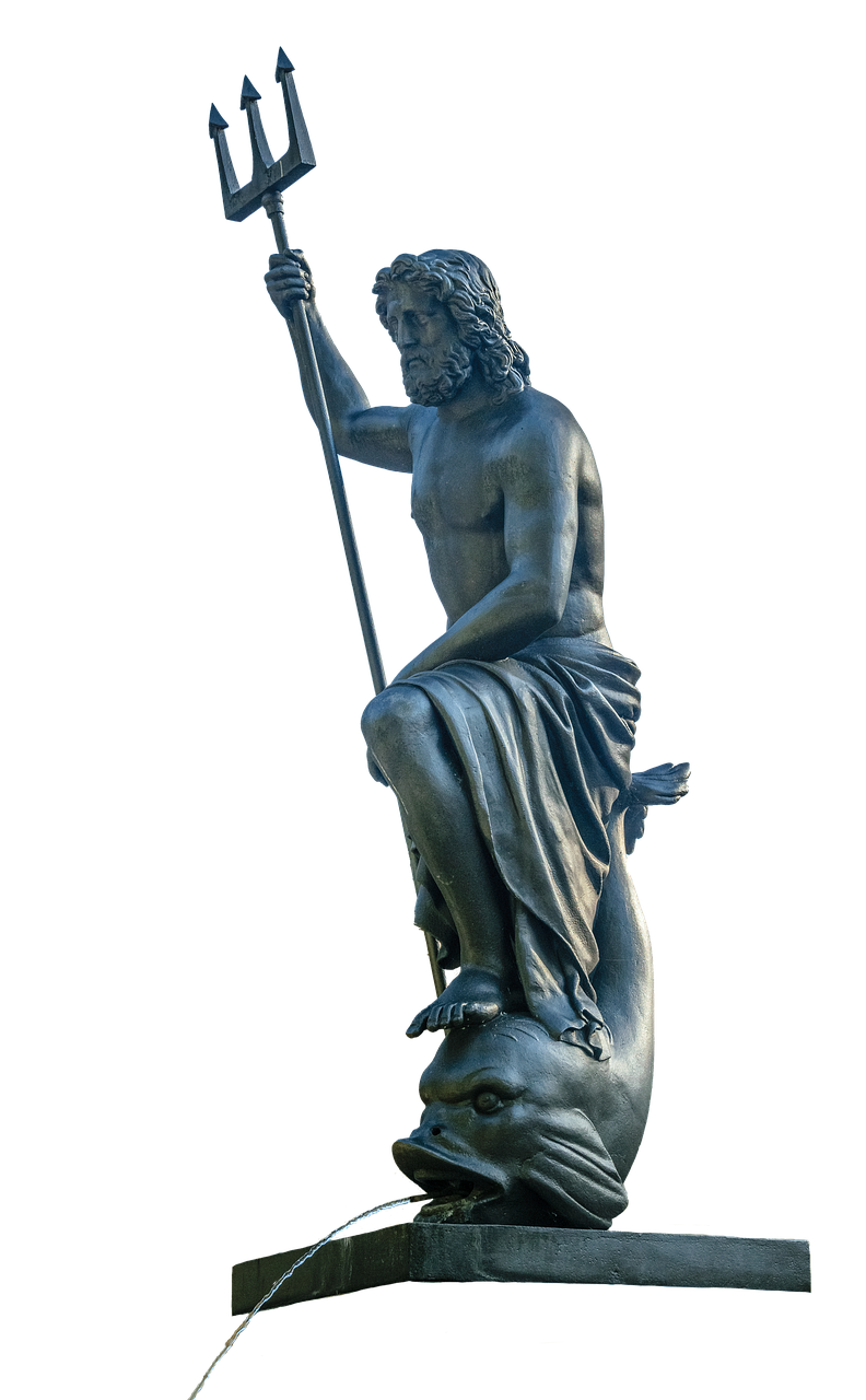 a statue of a man holding a pitchfork, a statue, by Achille Leonardi, shutterstock, the god of the sea, on black background, high resolution product photo, pisces