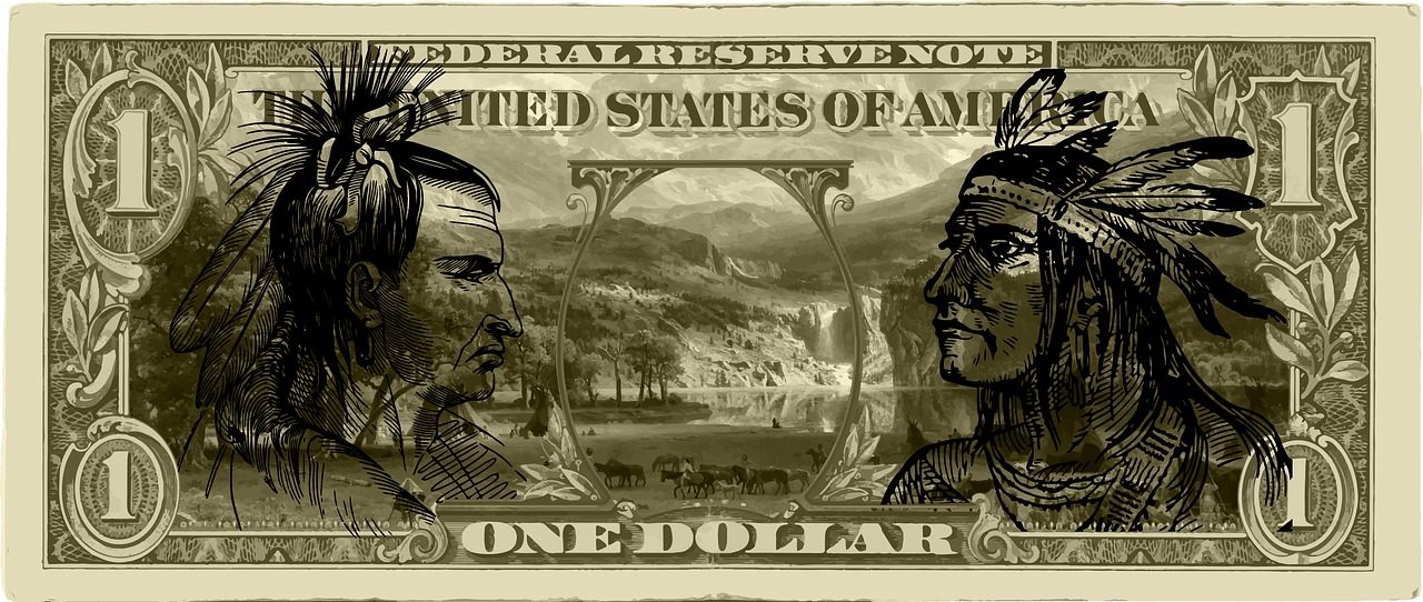two native americans on a one dollar bill, a digital rendering, inspired by Charles Marion Russell, trending on pixabay, 00% artistic, banner, american west scenery, shepard fairey