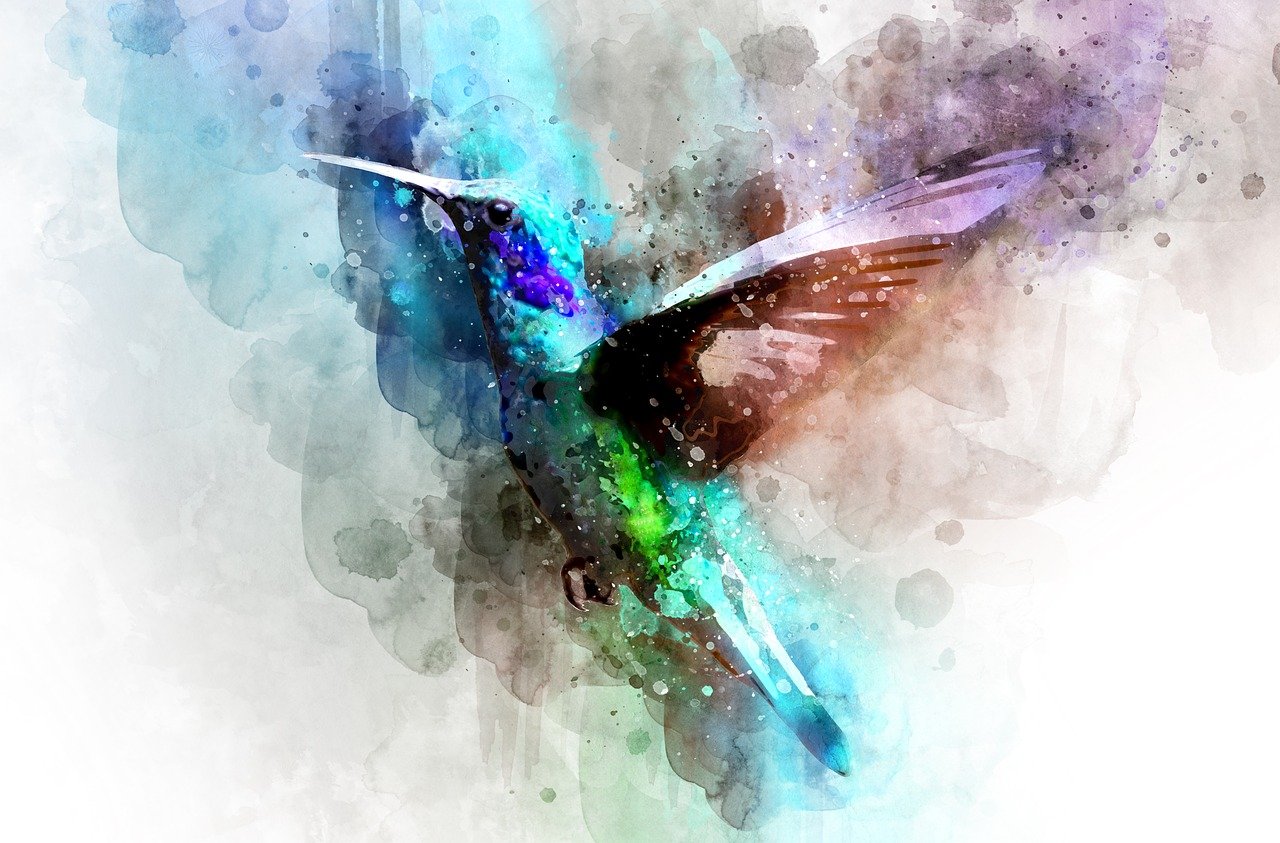 a watercolor painting of a hummingbird in flight, shutterstock, digital art, glossy flecks of iridescence, blurred and dreamy illustration