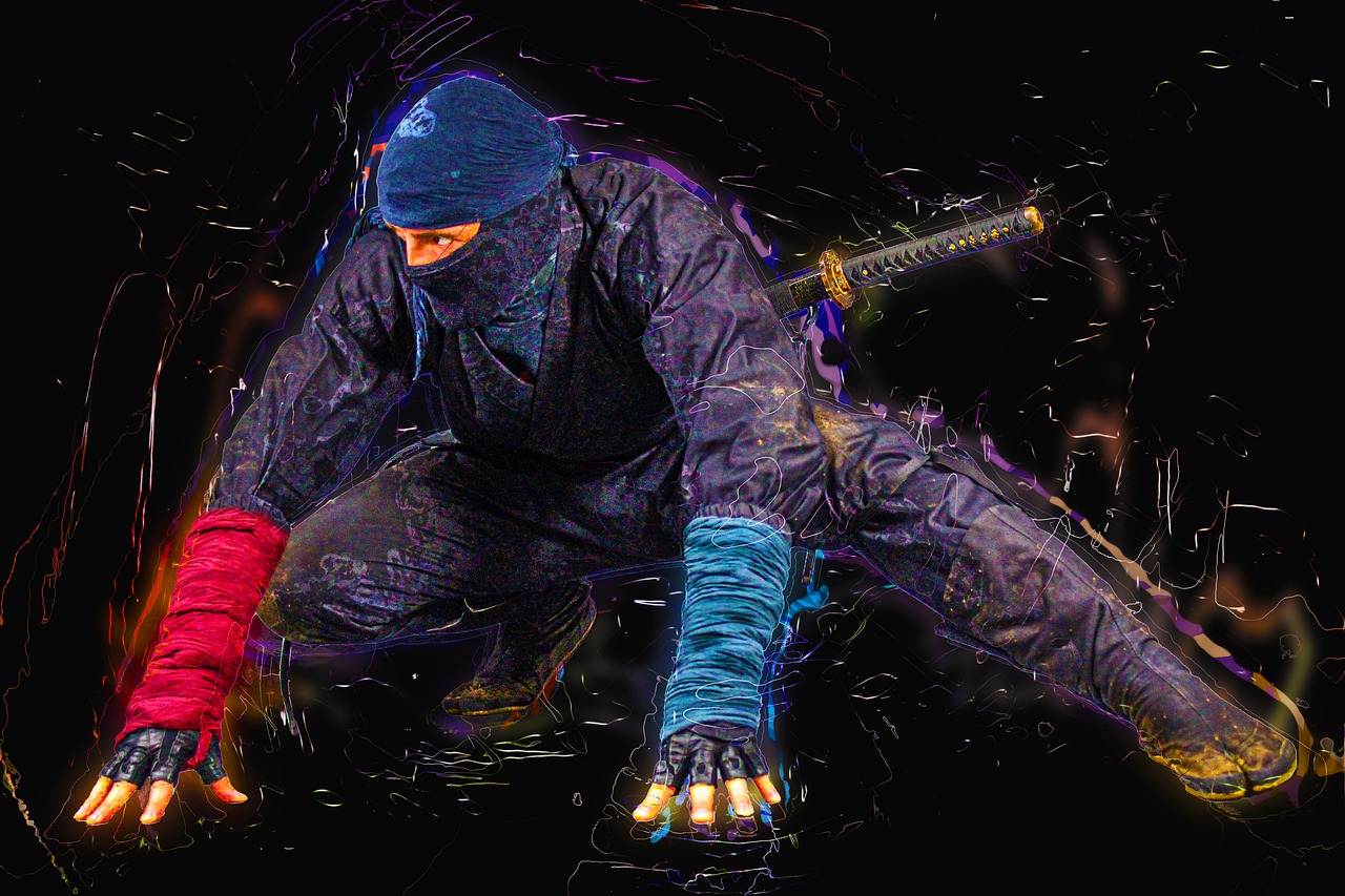 a man in a ninja costume holding a baseball bat, digital art, pexels, action painting, hyper color photograph, enhanced photo, hand to hand combat with machete, artwork in the style of z.w. gu