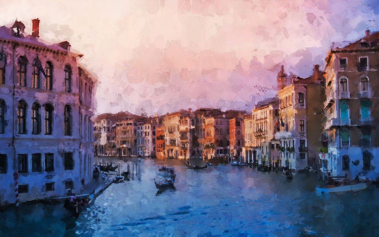 a painting of a canal in a city, a digital painting, inspired by Vincenzo Irolli, impressionism, blurred and dreamy illustration, a beautiful artwork illustration, venice at dusk, tonalism illustration