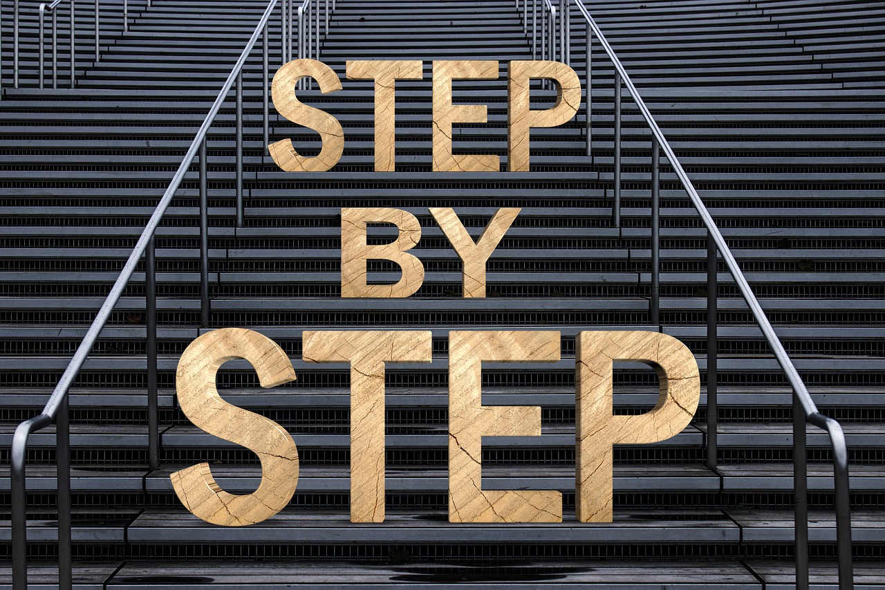 a set of stairs with a sign that says step by step, a stock photo, by Andries Stock, shutterstock, hyper detailed masterpiece, gold, taken with canon 8 0 d, wip