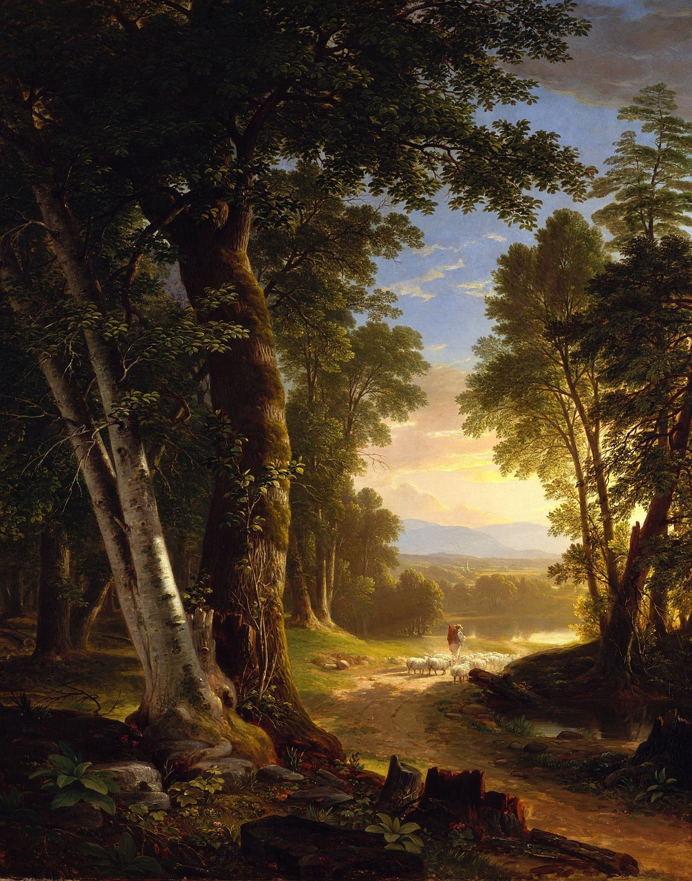 a painting of a person riding a horse in a wooded area, by Asher Brown Durand, hudson river school, tree-lined path at sunset, forest with lake, overlooking a valley with trees, beautiful late afternoon