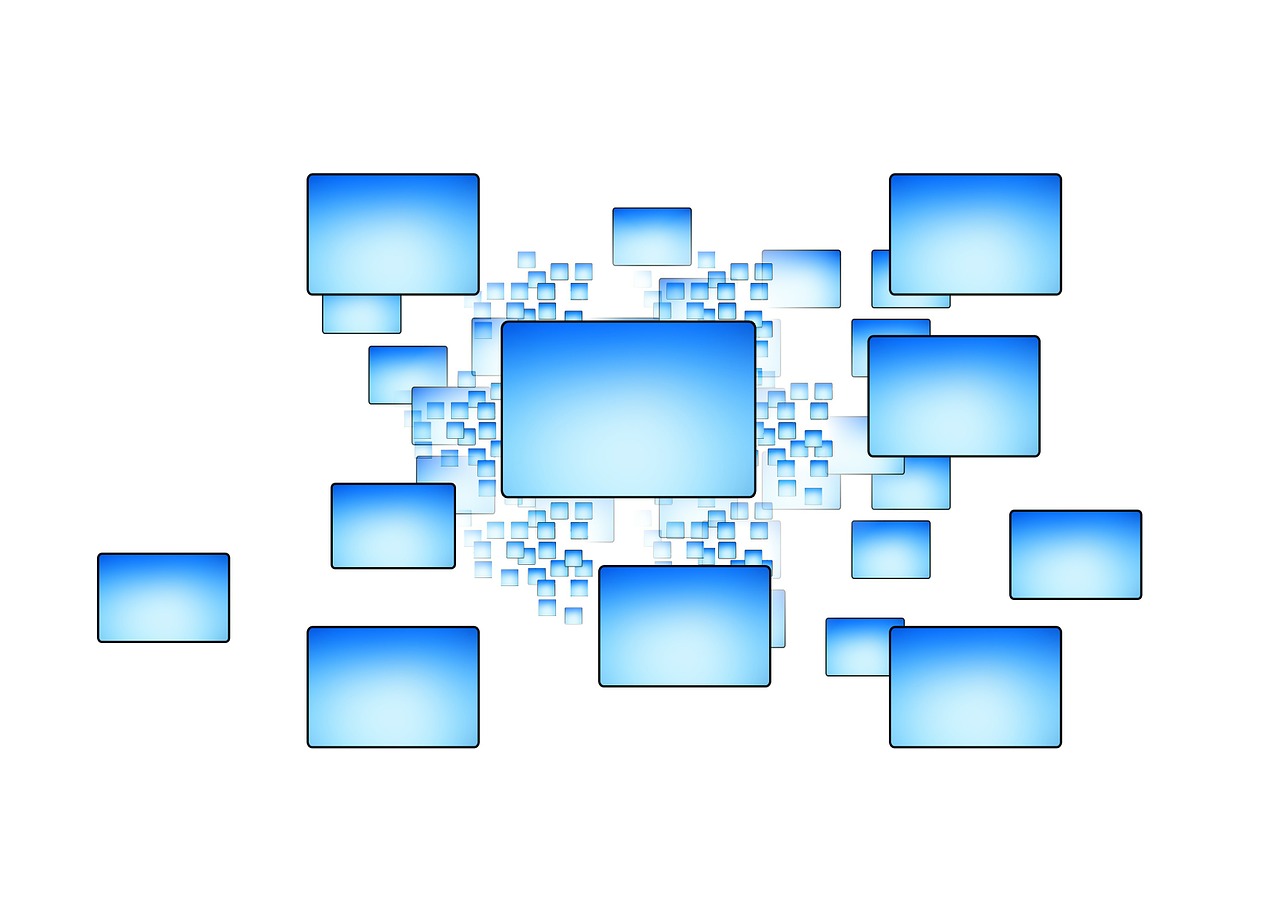 a bunch of blue squares on a white background, a computer rendering, computer art, stacked computer screens, map, made with illustrator, icon
