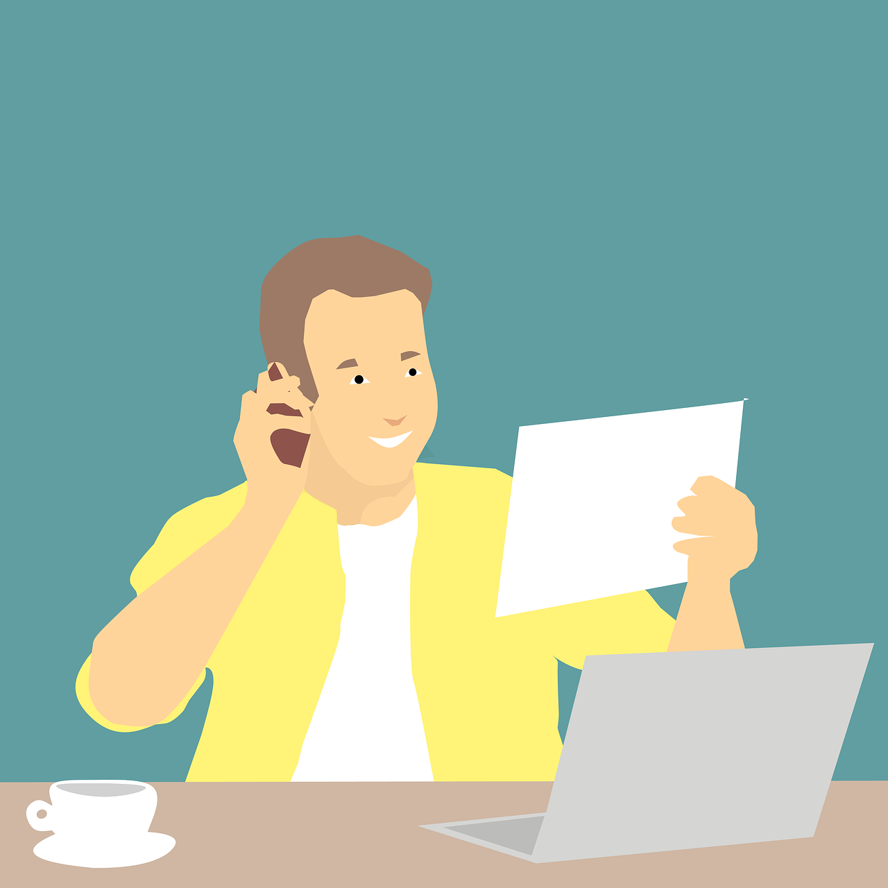 a man sitting at a table talking on a cell phone, vector art, document photo, flat design, very very happy, laptop