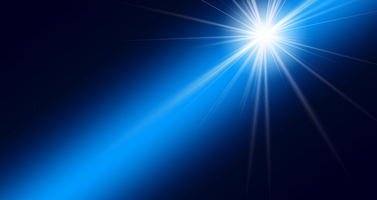 a bright light shines brightly on a dark blue background, light and space, very detailed background, star in the sky, single ray of sun, modern high sharpness photo