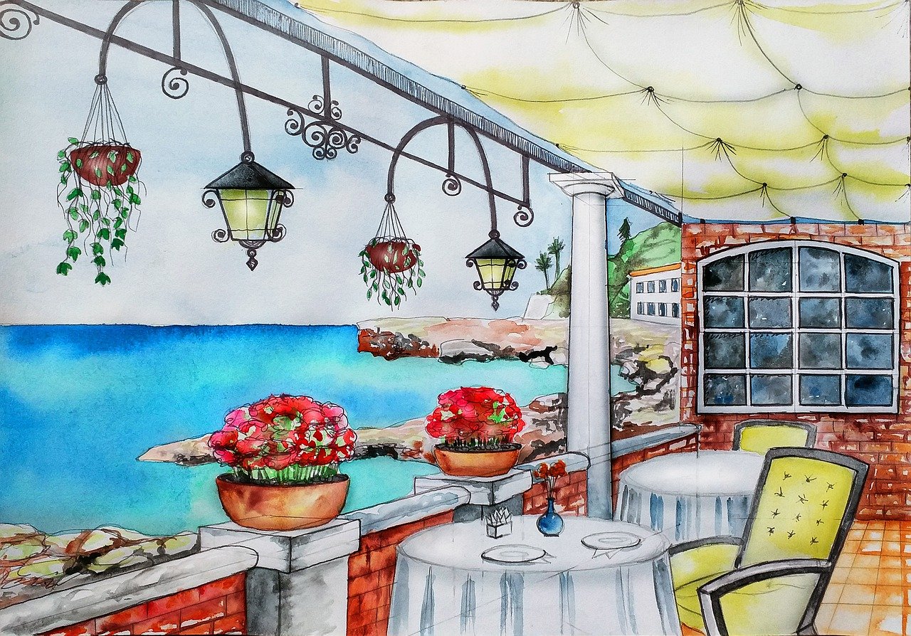 a drawing of a patio with a table and chairs, a watercolor painting, mediterranean beach background, lamps and flowers, coloring book style, fancy restaurant