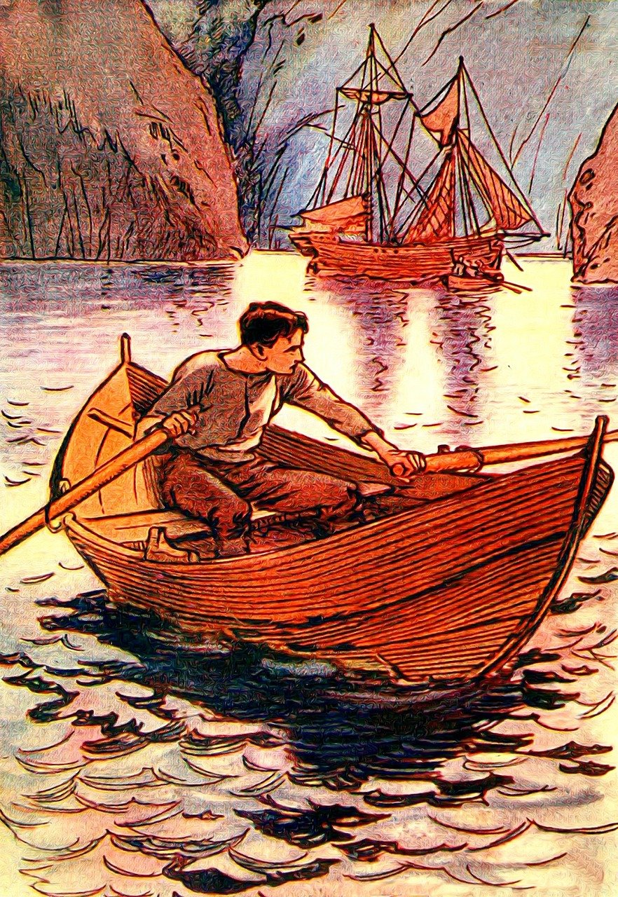 a man in a row boat on a body of water, an illustration of, by J. W. Tristram, classic children's illustration, mobile wallpaper, sail, amber