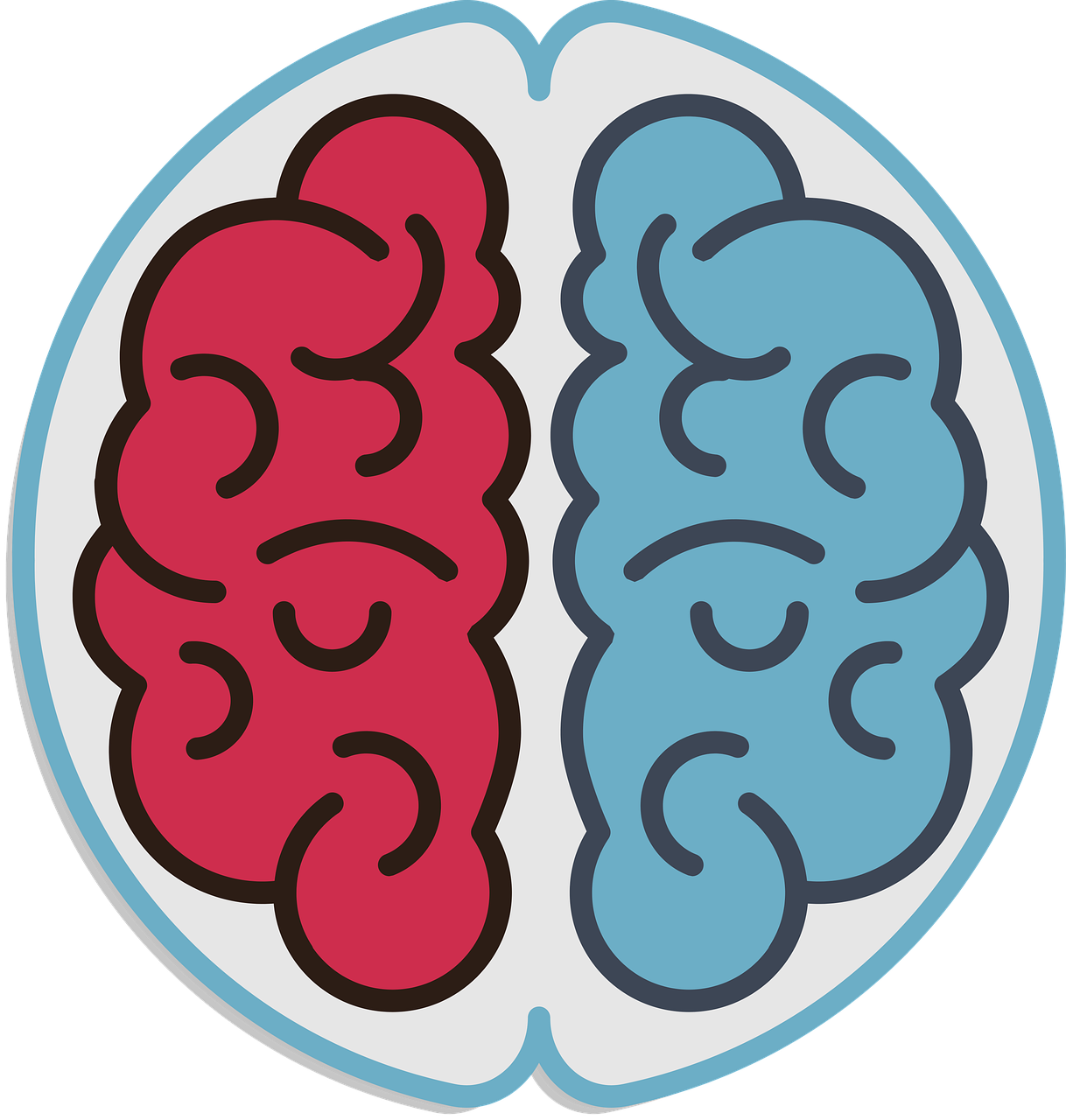 a picture of two halves of a brain, flat - color, badge, blue or red, intelligent design