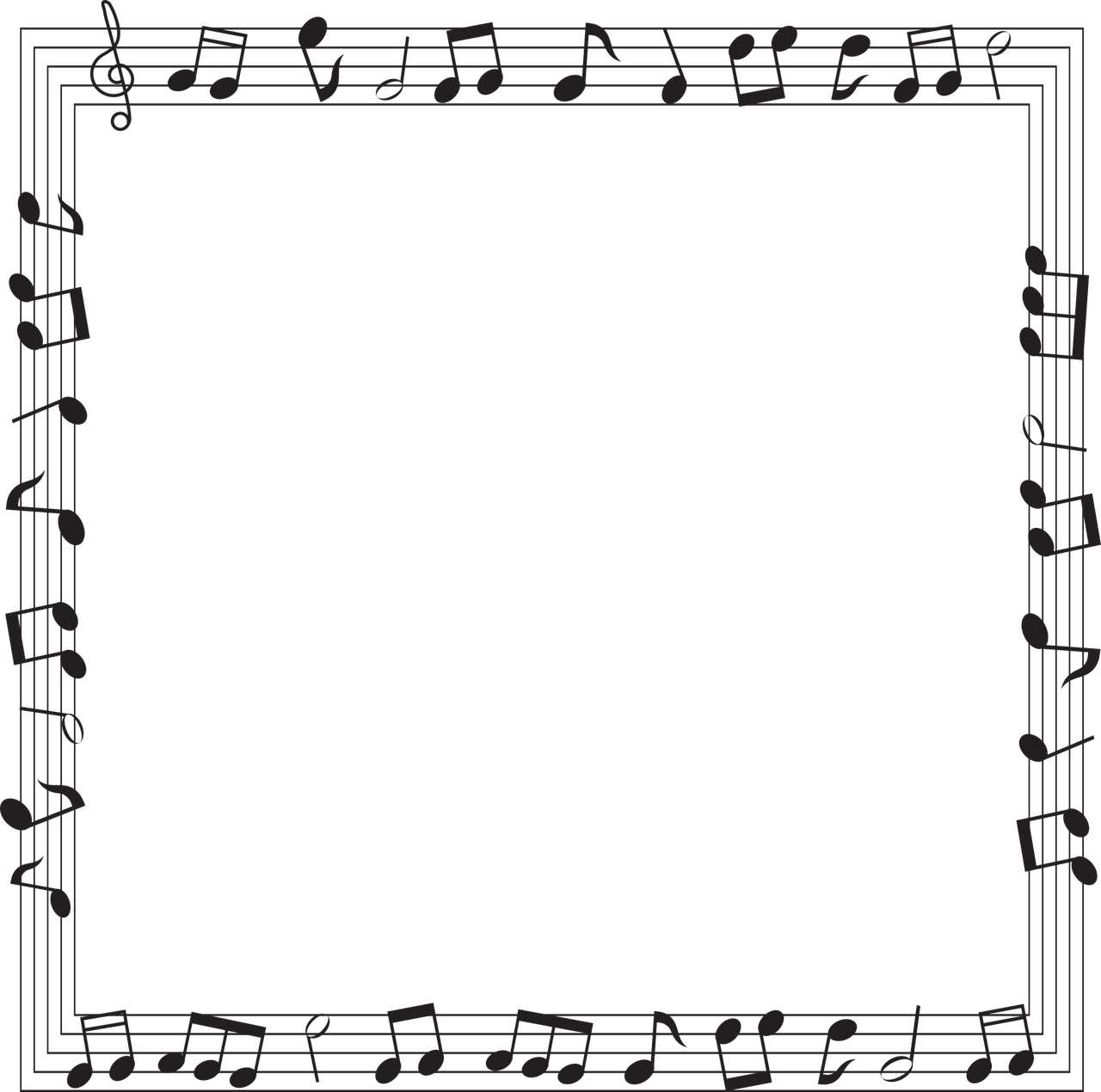 a black and white frame with musical notes, tumblr, sōsaku hanga, black studio background color, (empty black void), high res, metal border