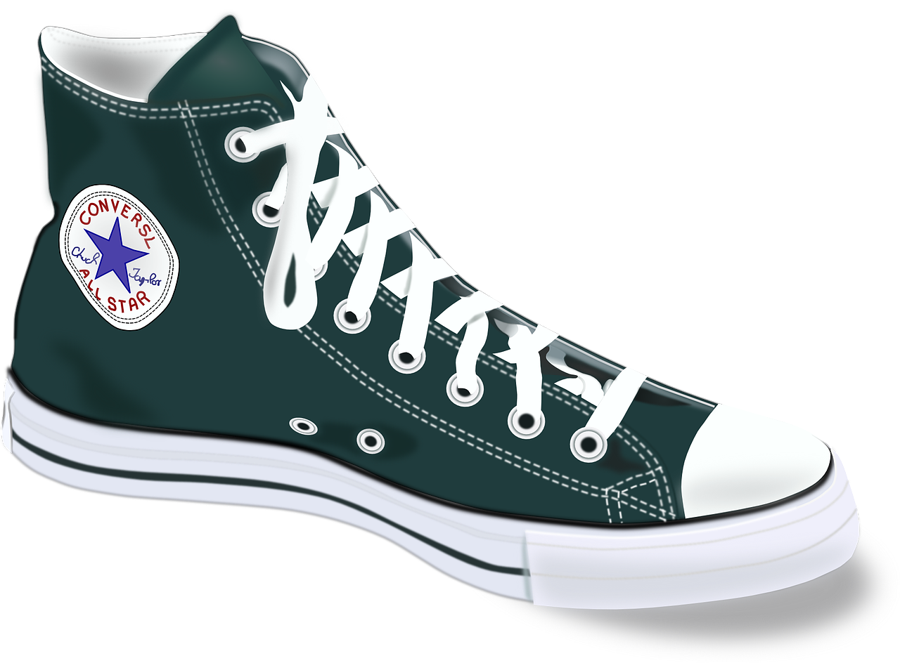 a pair of green sneakers with white laces, deviantart, sots art, converse, cad, dark green color scheme, 1 red shoe 1 blue shoe
