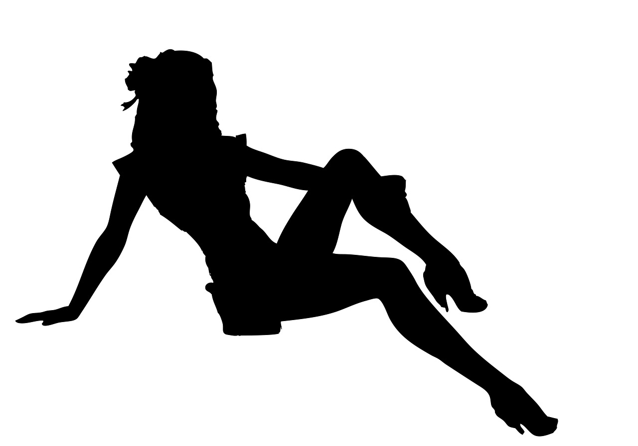 a black and white silhouette of a woman, a cartoon, trending on pixabay, figuration libre, detailed shot legs-up, seductive seated pose, female cyborg black silhouette, a high angle shot