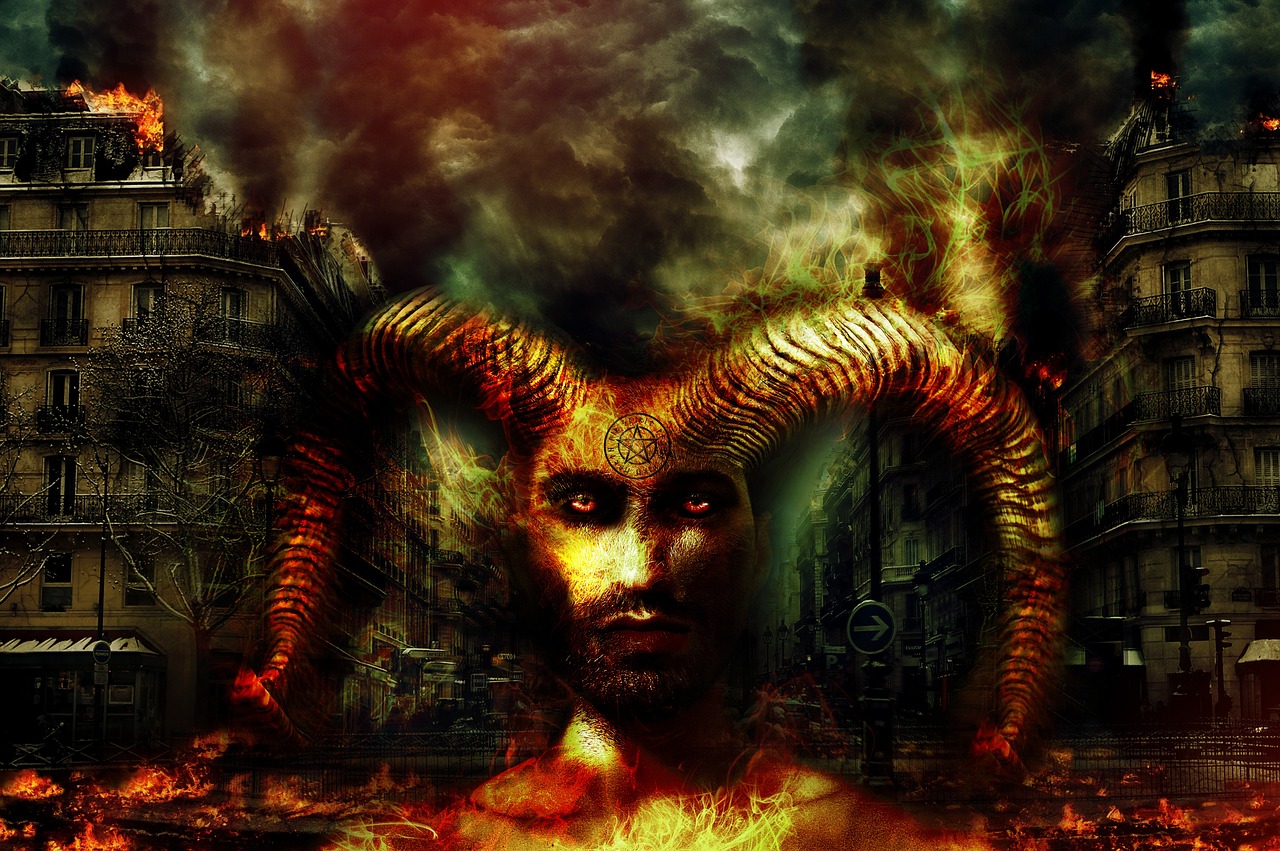 a man with horns on a city street, deviantart contest winner, gothic art, aries fiery ram tarot, with eyes of flame, new album cover, manipulation
