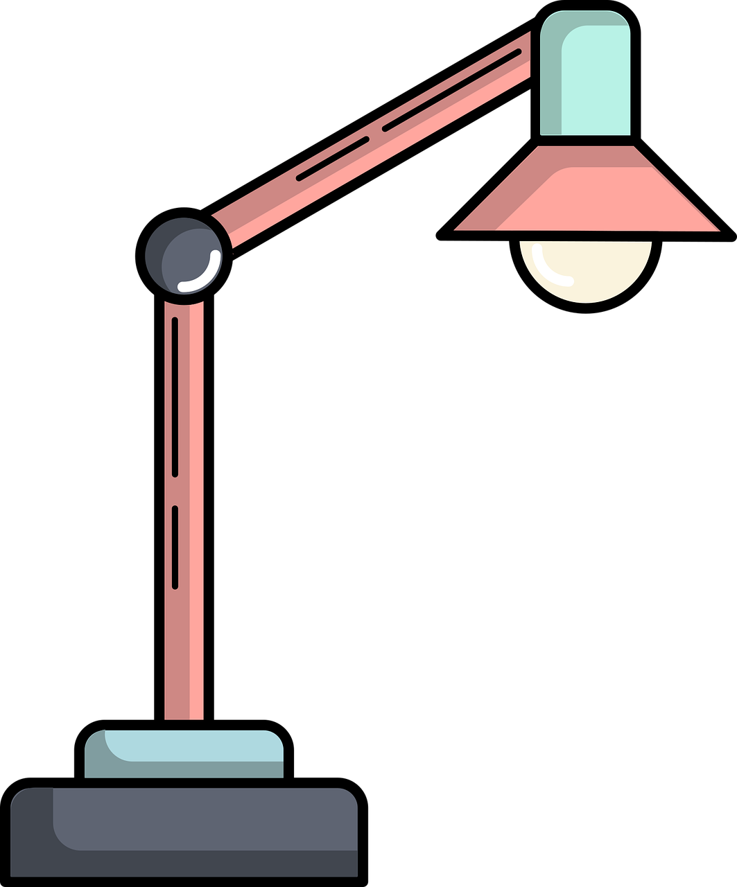 a lamp that is on top of a table, concept art, by Andrei Kolkoutine, pixabay, figuration libre, flat color, long arm, pink light, crane