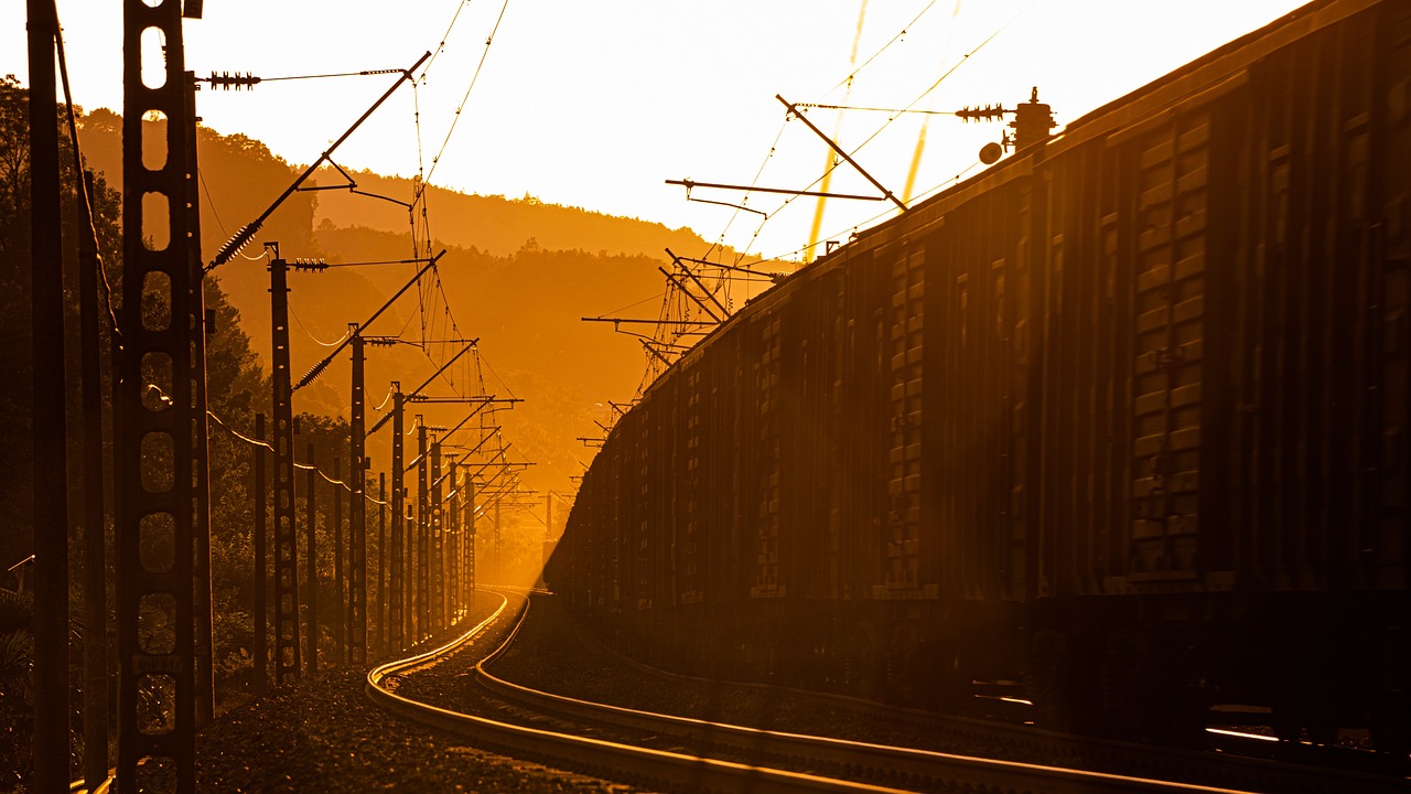 a train traveling down train tracks next to a forest, by Werner Gutzeit, unsplash, figuration libre, golden hour in beijing, wires and lights, mining, sun at dawn