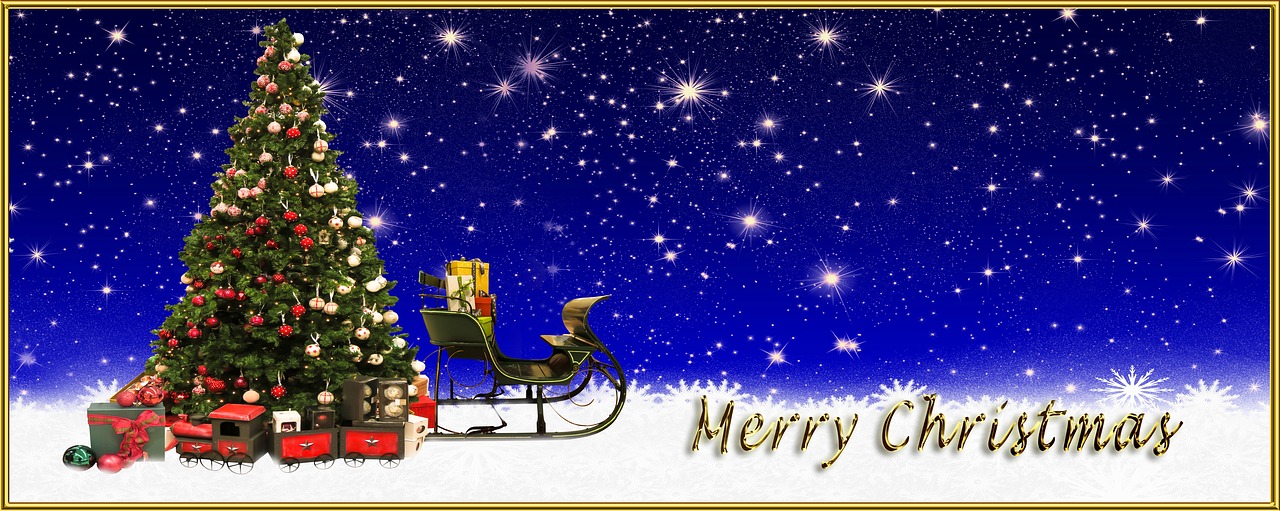 a christmas card with a christmas tree and a sleigh, a picture, pixabay, wide screenshot, photo photo, twinkling stars, meme