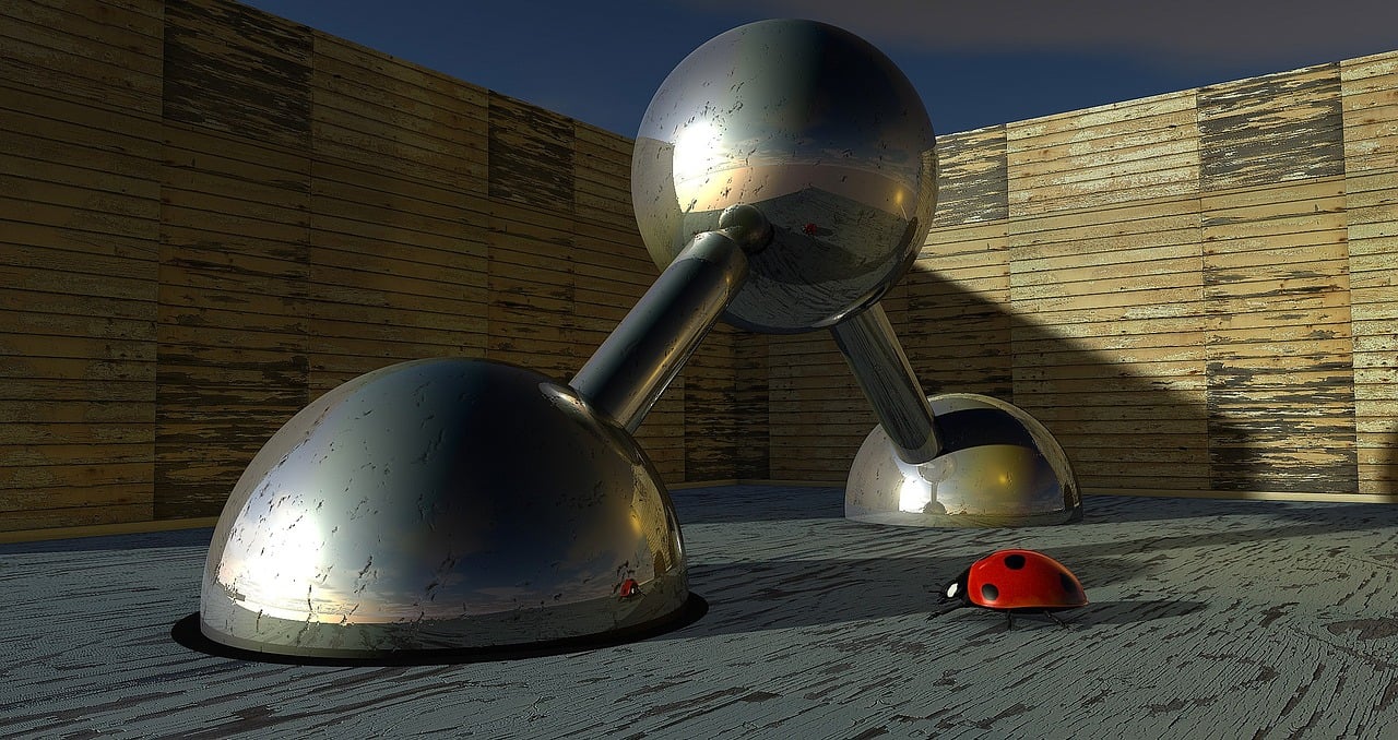a metal object sitting on top of a wooden floor, a raytraced image, inspired by Herbert Bayer, polycount contest winner, constructivism, huge ladybug motherships, in the sun, chrome buildings, spheres