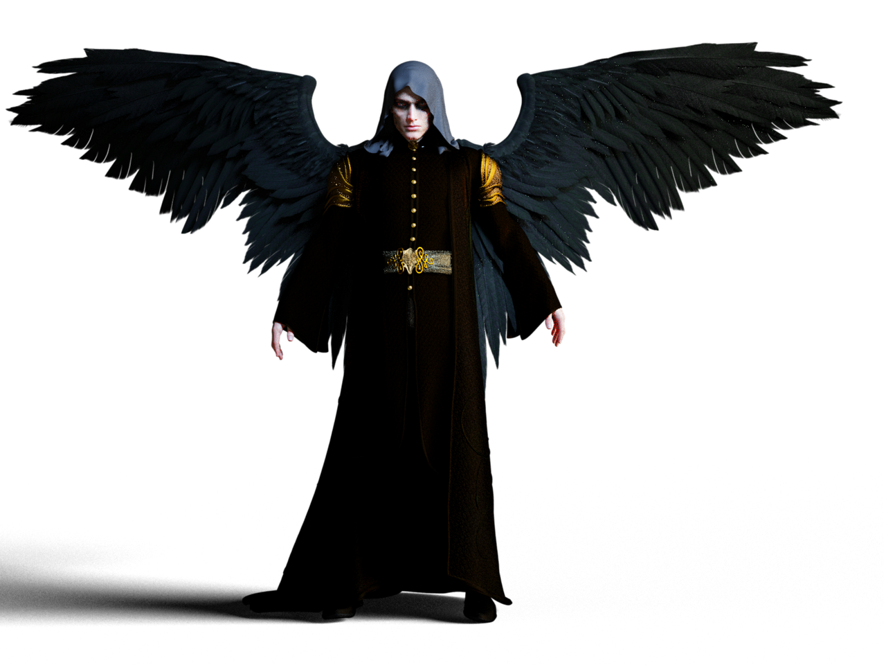 an image of an angel in the dark, a 3D render, inspired by Sigurd Swane, dressed in dark garment, son of sparda, the tall man from phantasm, an evil nun