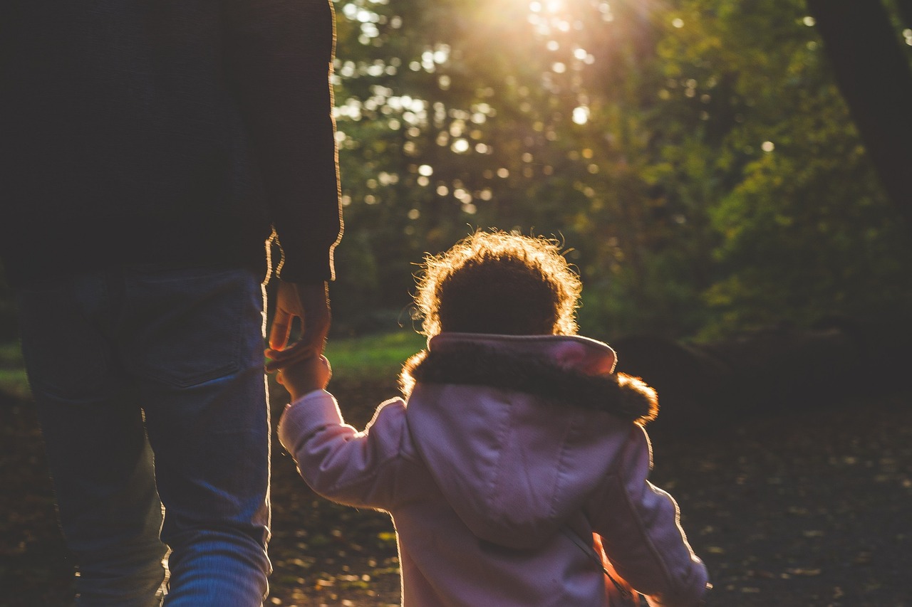 a little girl holding the hand of a man, by Romain brook, pexels, walking to the right, sun behind her, daughter, walking in a forest