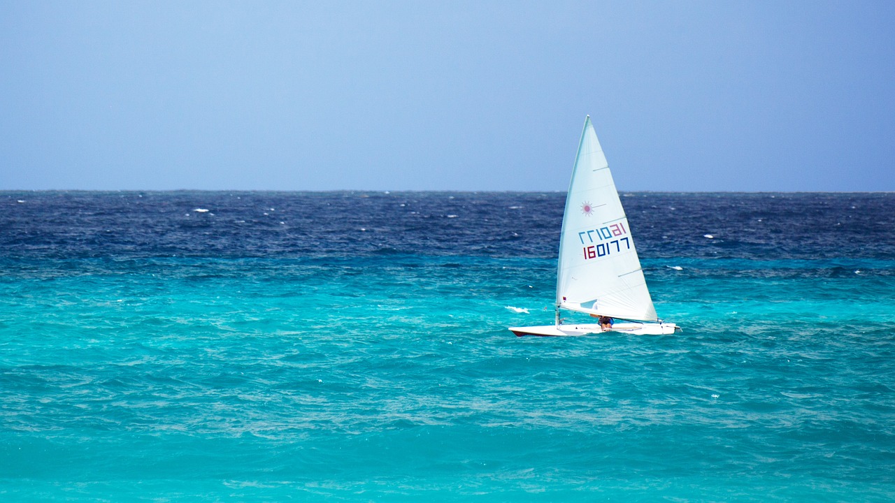 a sail boat in the middle of the ocean, by Robert Medley, pexels, fine art, carribean turquoise water, laser, sport, patriotic
