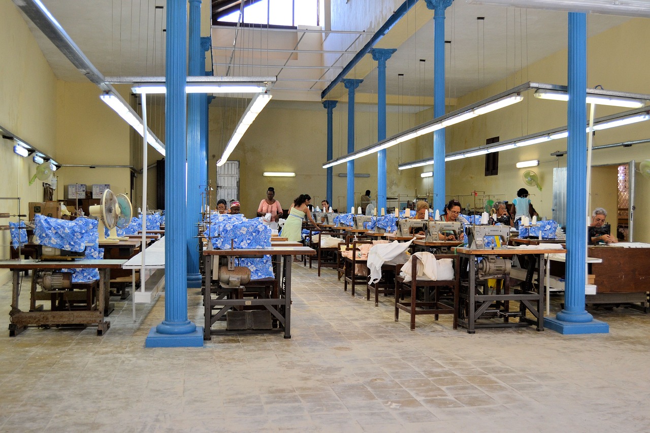 a group of people working in a factory, by Siona Shimshi, flickr, blue colored traditional wear, peaceful environment, full daylight, in rows