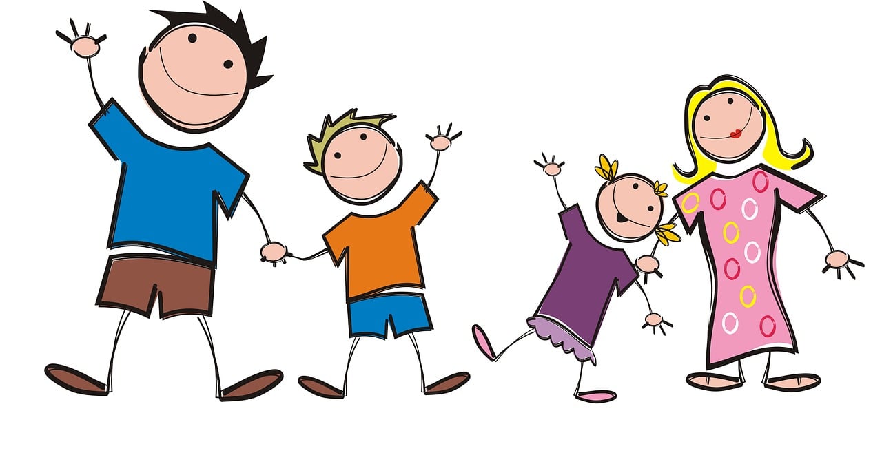 a group of people standing next to each other, a cartoon, pixabay, families playing, 2 arms and 2 legs, siblings, french bande dessinée