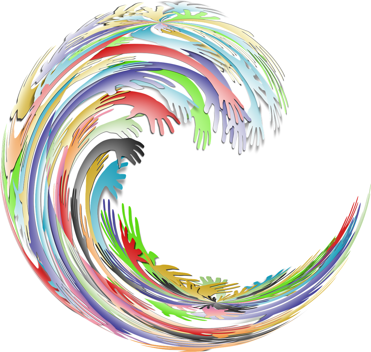a close up of a colorful wave on a black background, a digital rendering, many hands, color vector, sickle, cutout