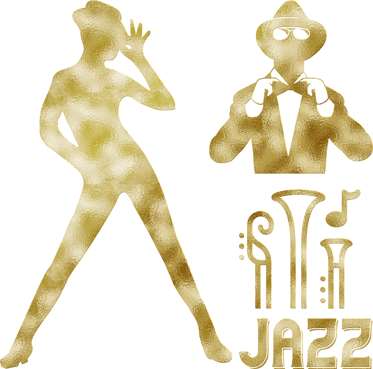 a gold silhouette of a man in a tuxedo and a woman in a tuxedo, concept art, by Zoran Mušič, trending on pixabay, harlem renaissance, 3 jazz musicians, sculpture made of gold, retro haze, logo”