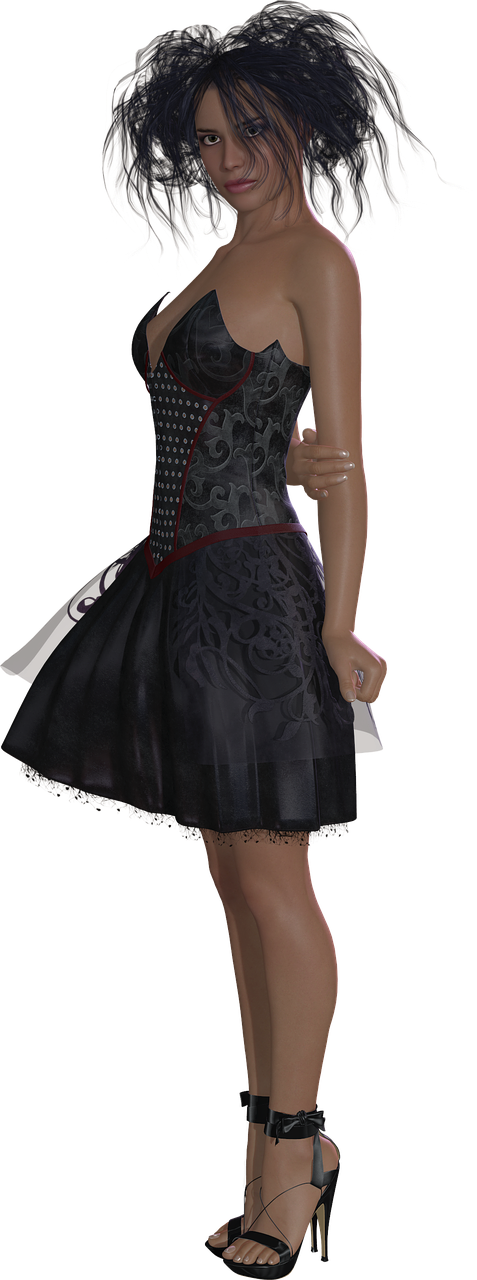 a woman in a black dress posing for a picture, a screenshot, inspired by Fujiwara Takanobu, tumblr, high texture detail), dressed in a frilly ((lace)), hand painted textures on model, side - view