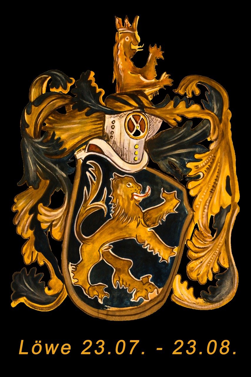 a coat of arms with a lion on it, a detailed painting, featured on zbrush central, fine art, handpainted, amber, a wooden, hans