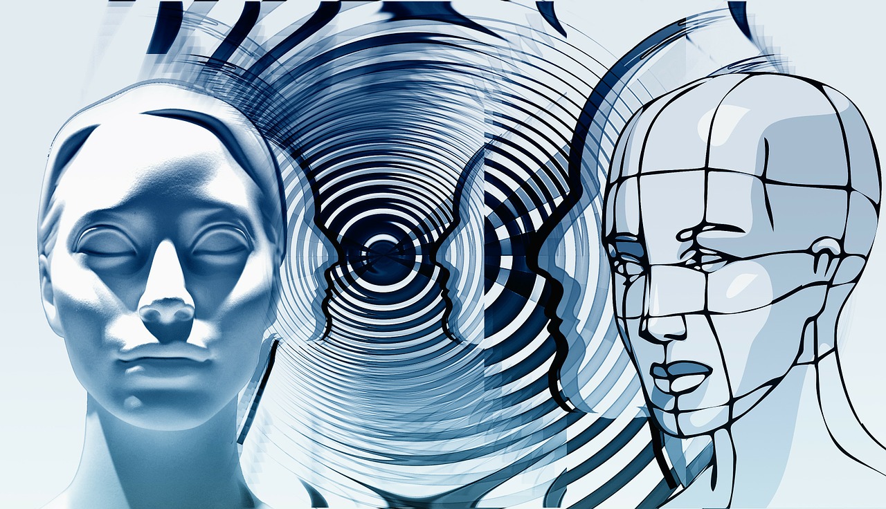 a drawing of a woman's face and a man's head, digital art, by Jon Coffelt, trending on pixabay, abstract illusionism, portrait of a futuristic robot, fresnel effect, entering the mind maze, stock photo