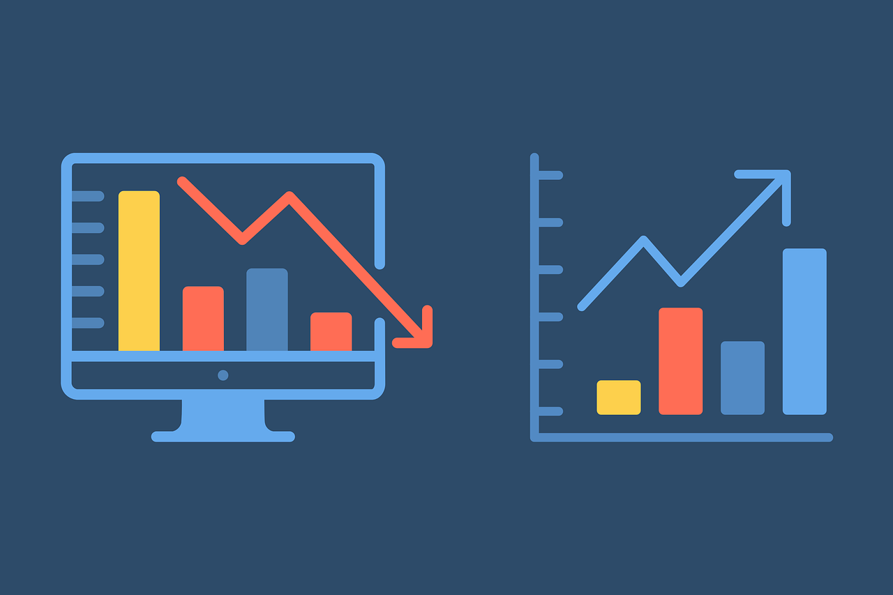 a computer monitor sitting on top of a desk, trending on shutterstock, analytical art, diptych, graph signals, svg illustration, blue and red color scheme