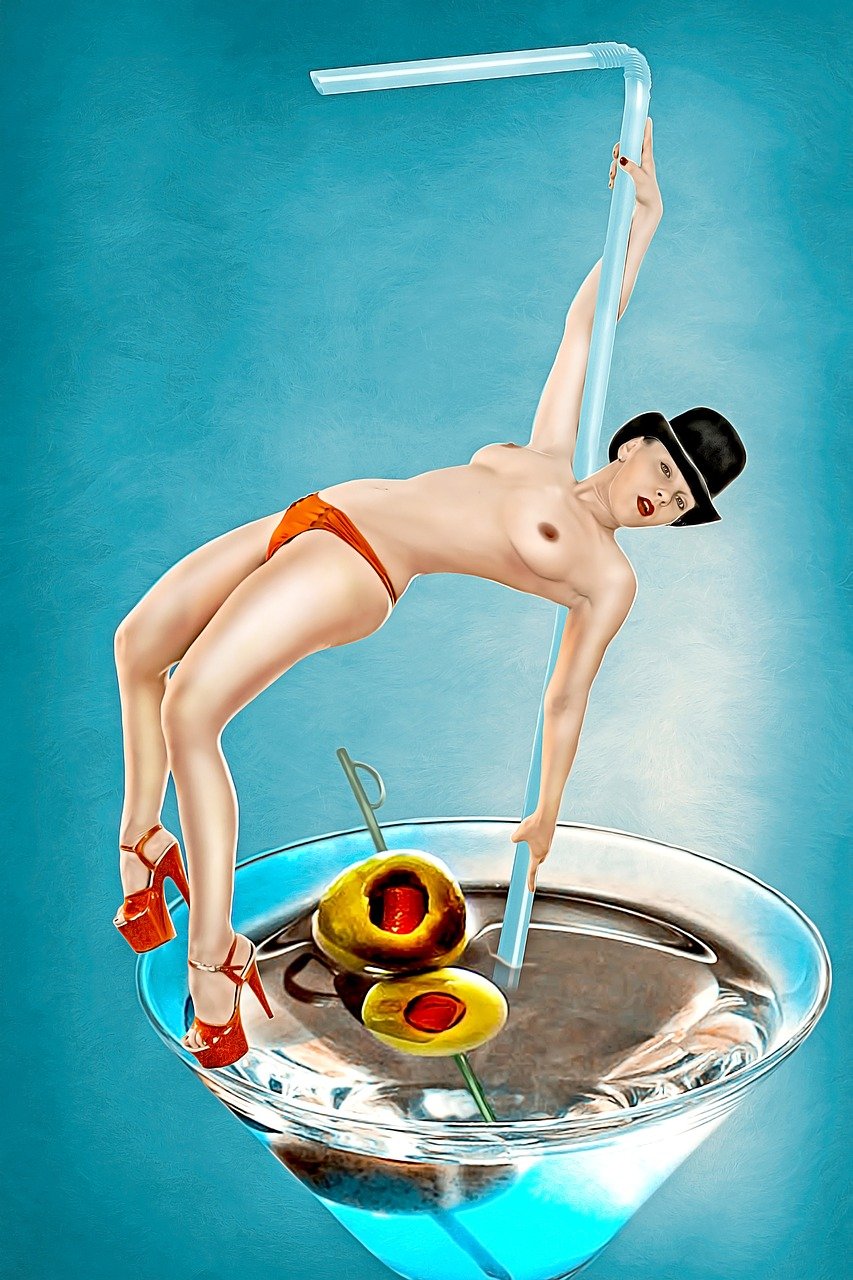 a painting of a woman on a pole in a martini glass, a digital painting, inspired by Gil Elvgren, pop surrealism, pop japonisme 3 d ultra detailed, leonetto cappiello, peach, lewd