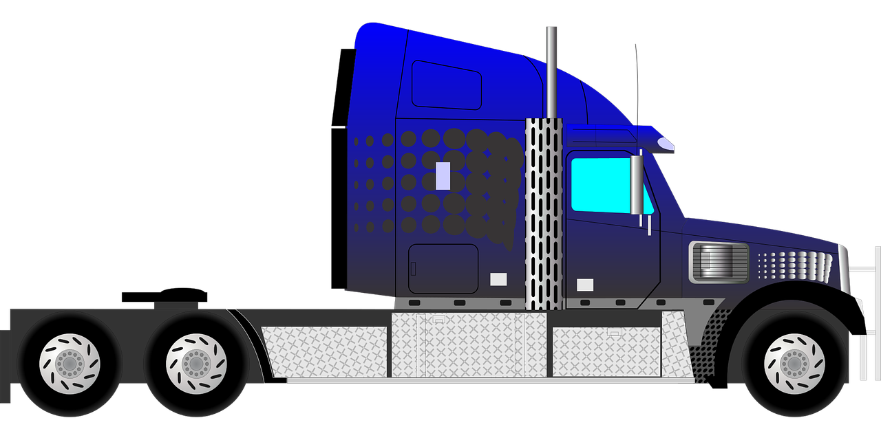 a blue semi truck on a black background, a digital rendering, inspired by Patrick Caulfield, pixabay, digital art, polka dot, side view intricate details, deck, on clear background