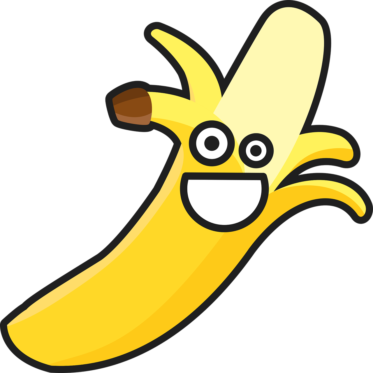 a banana with a smile on it's face, an illustration of, inspired by Matt Groening, pixabay, hurufiyya, grinning lasciviously, monkey, on black background, pepper