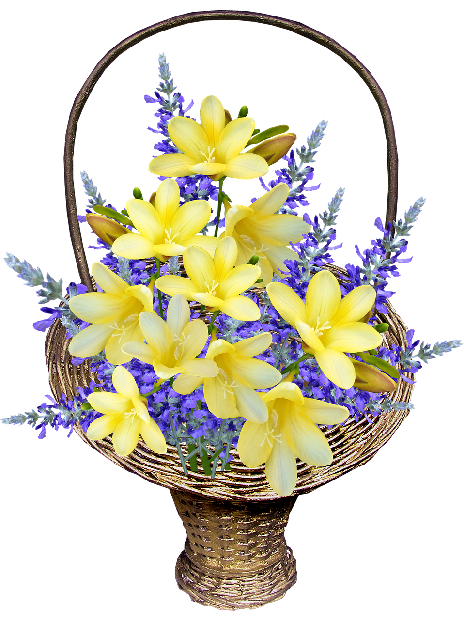a basket filled with yellow and purple flowers, by Echo Chernik, flickr, conceptual art, lilies, lavander and yellow color scheme, beautiful black blue yellow, japanese flower arrangements