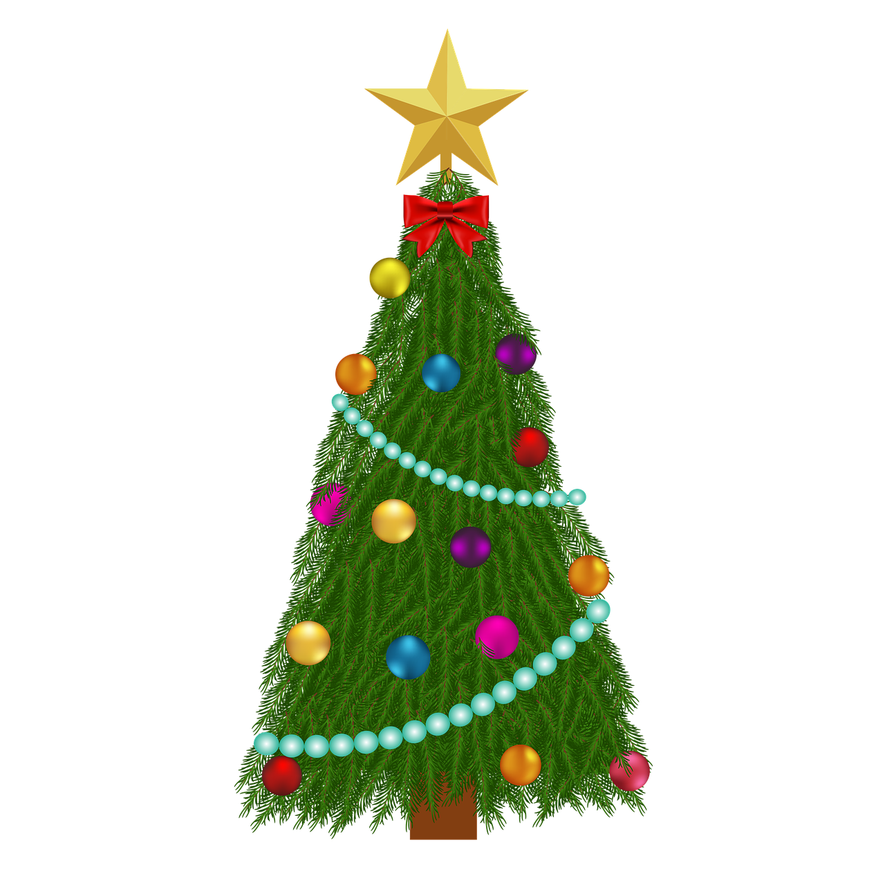 a decorated christmas tree with a star on top, a digital rendering, sōsaku hanga, front facing!!, with a black background, square, lineless