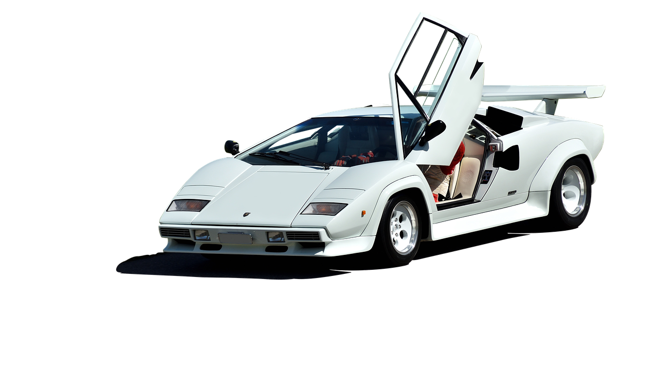 a white sports car with its doors open, by Richard Carline, pixabay, photorealism, countach, centerfold, sense of scale, phot